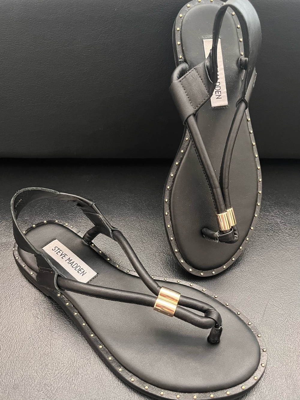 Steve Madden Black Leather Thong Sandals with Gold Accent **Almost New**